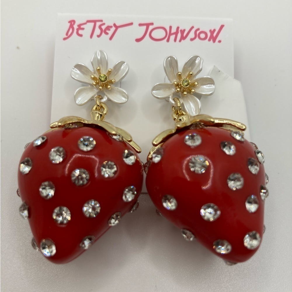 BETSEY JOHNSON 3D Enamel & Crystal Studded Strawberry Earrings & Flowers NWT